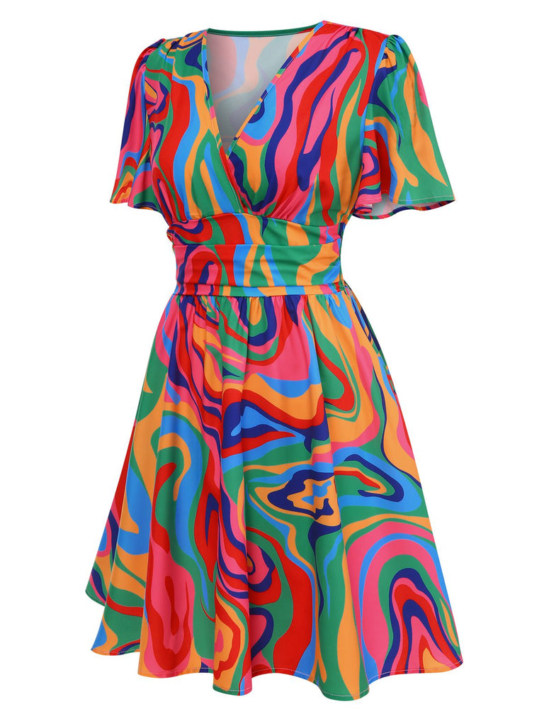 Robe à col en V à imprimé marbre multicolore des années 1970