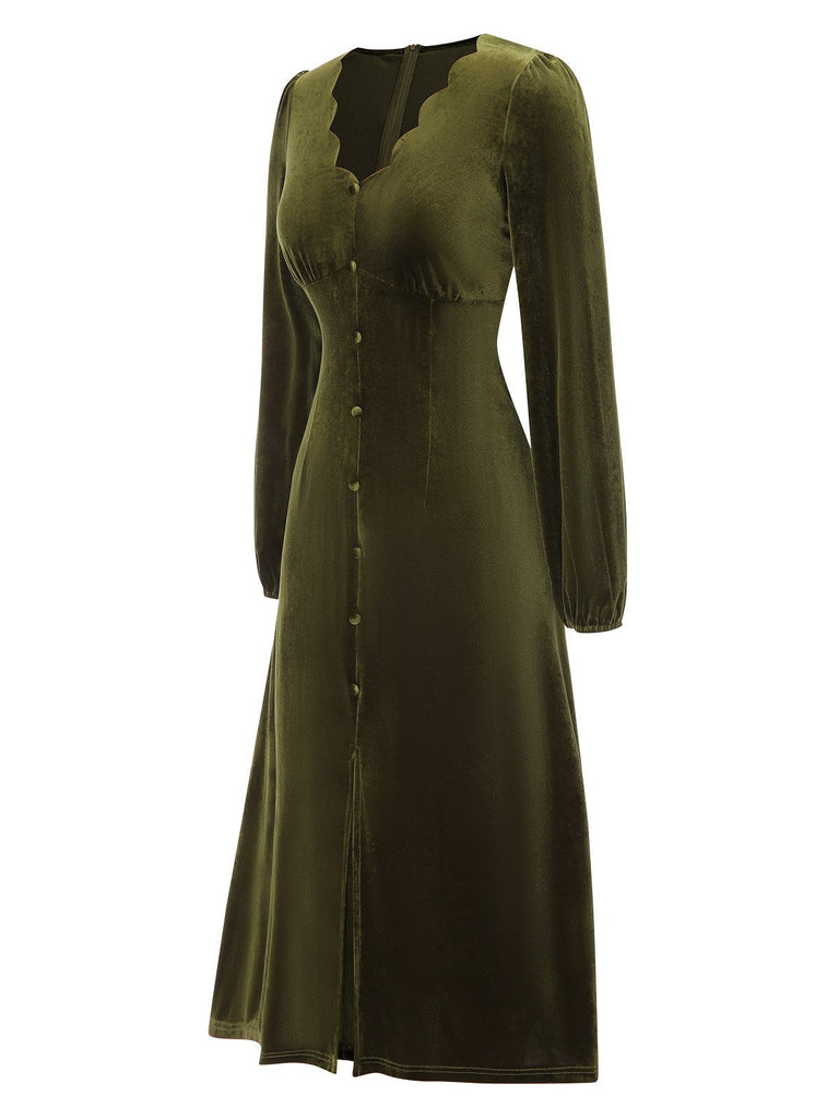 Robe verte à col pétale en velours des années 40