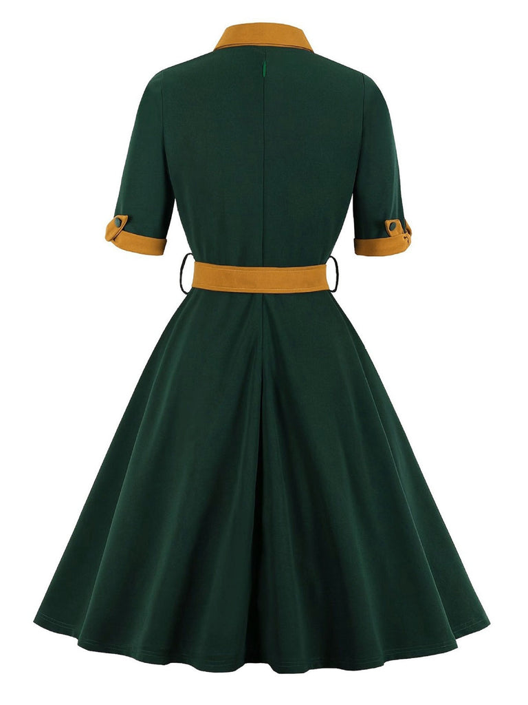 Robe patchwork contrastée à col noué verte des années 1950