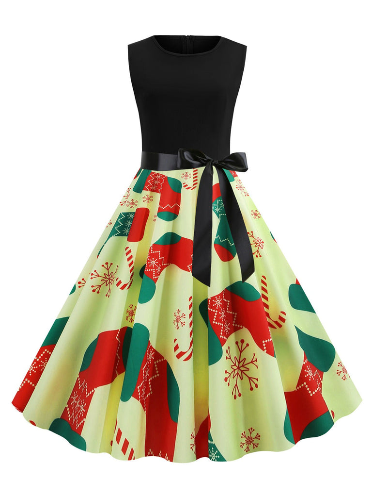 Robe trapèze à imprimé de Noël des années 1950 avec ruban