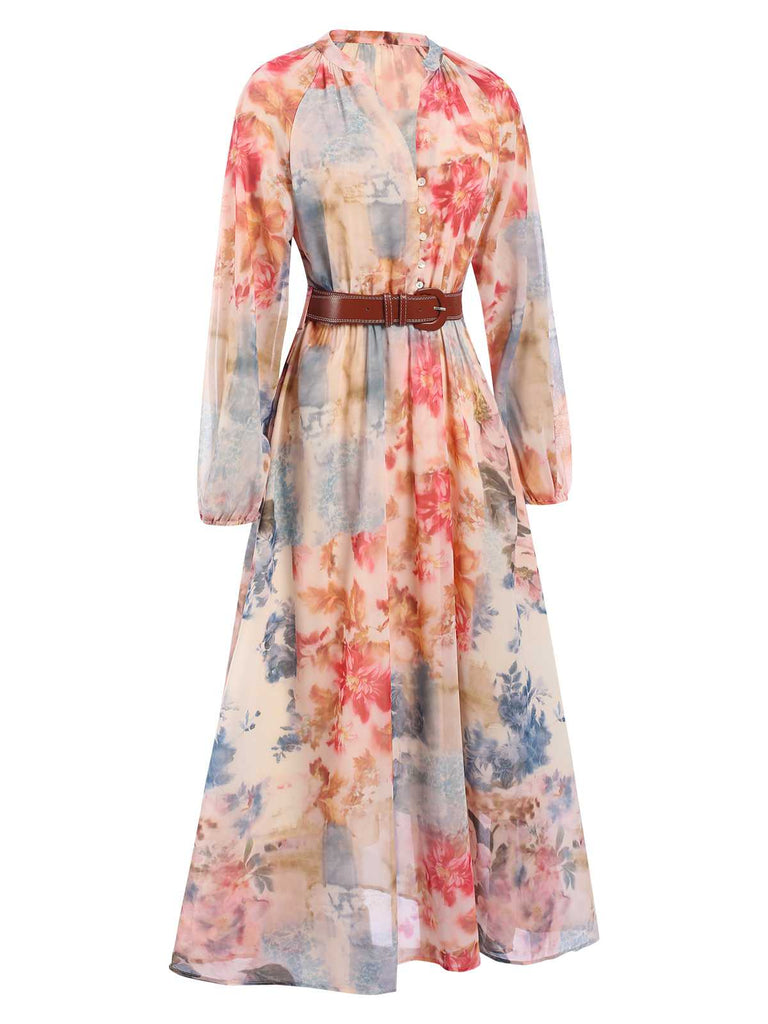 Robe longue à ceinture et motif floral aquarelle des années 1940