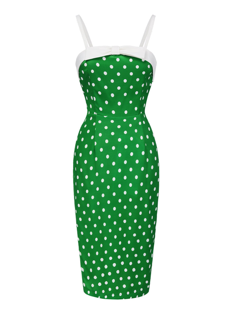 [Pré-vente] Robe crayon à pois verte avec nœud des années 1960