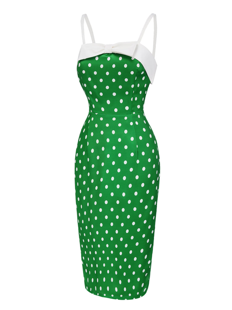 [Pré-vente] Robe crayon à pois verte avec nœud des années 1960