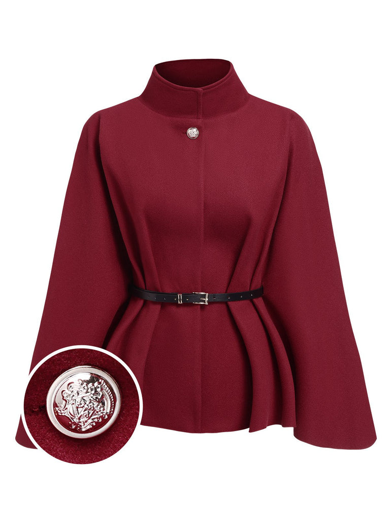 Manteau cape uni ceinturé rouge vin des années 1960