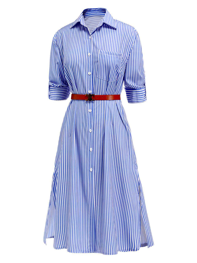 Robe chemise rayée bleue à manches retroussées des années 40