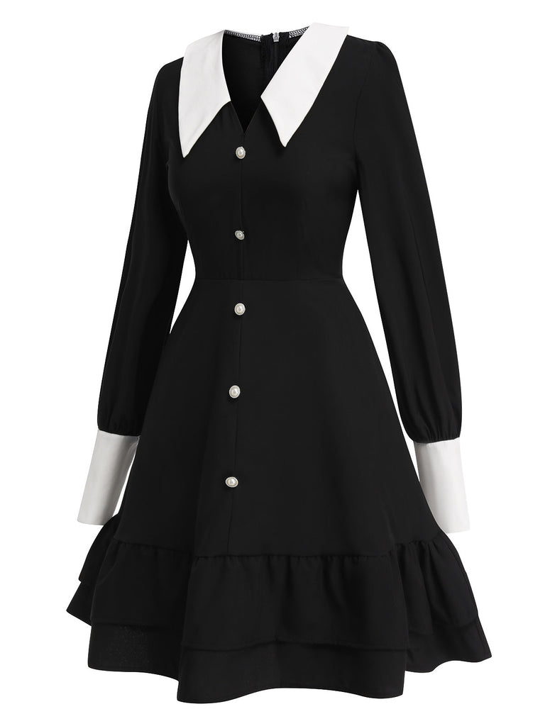 Robe patineuse noire et blanche à col de poupée des années 1960