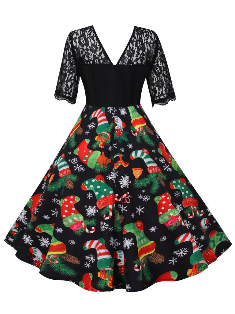 Robe noire patchwork en dentelle avec bas de Noël des années 1950