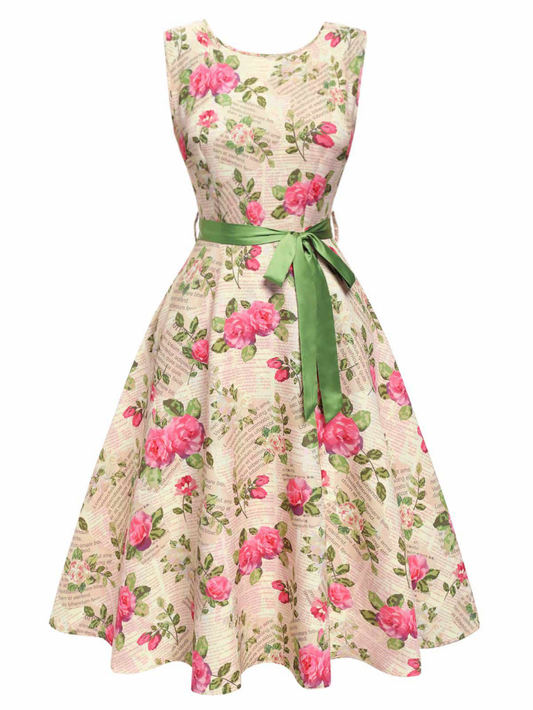 Robe ceinturée multicolore à imprimé rose des années 1950