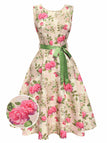[Prévente] Robe ceinturée multicolore à imprimé rose des années 1950