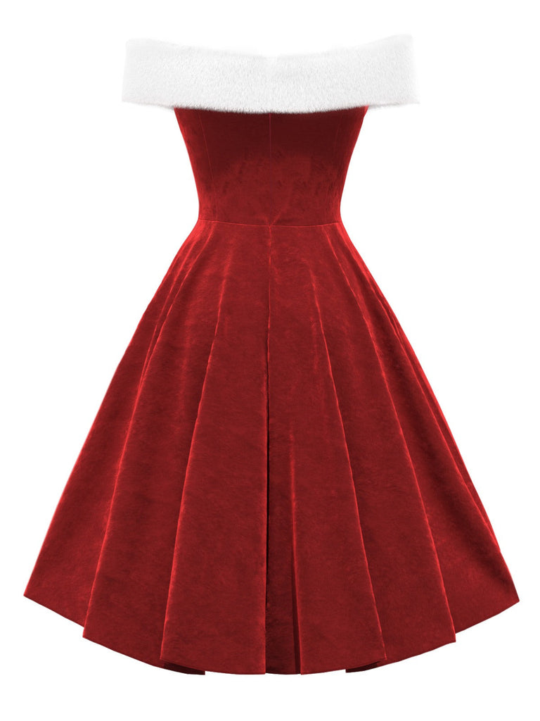 [Pré-vente] Robe de Noël rouge en velours à épaules dénudées des années 1950