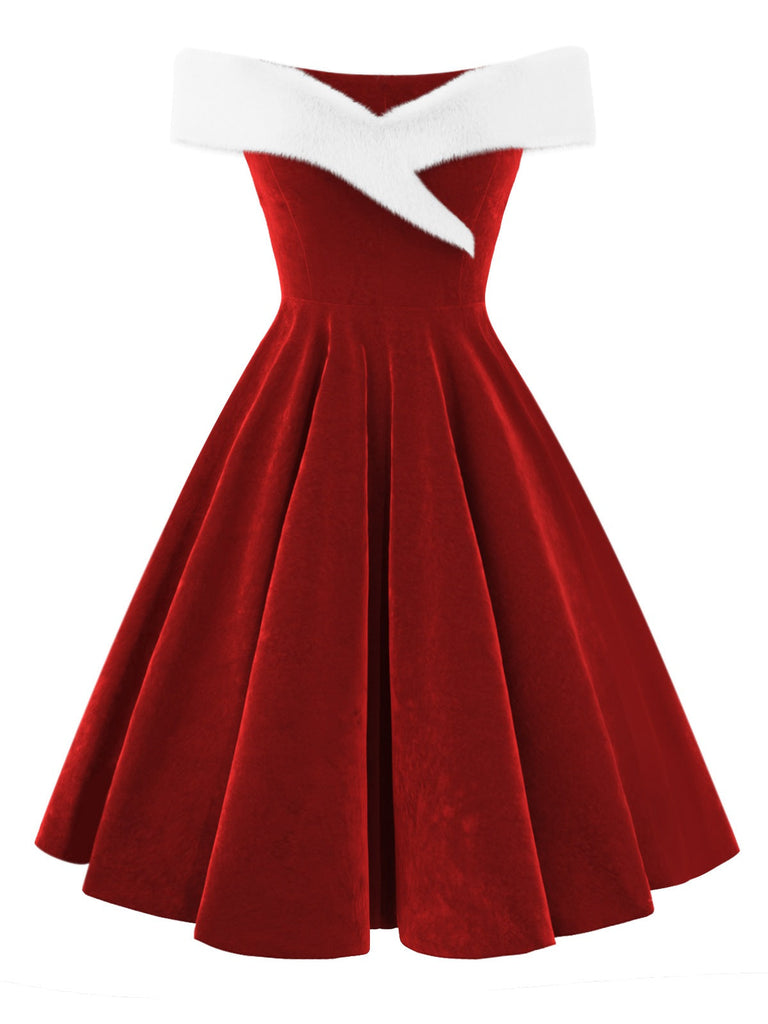 [Pré-vente] Robe de Noël rouge en velours à épaules dénudées des années 1950