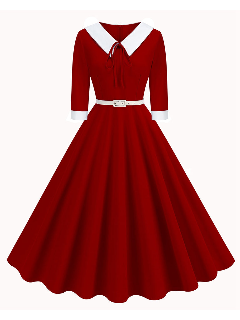 Robe à revers ceinturée et à col contrasté des années 1950