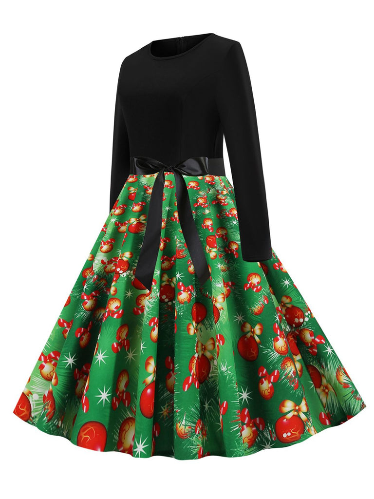 Robe trapèze ceinturée avec nœud de Noël verte des années 1950