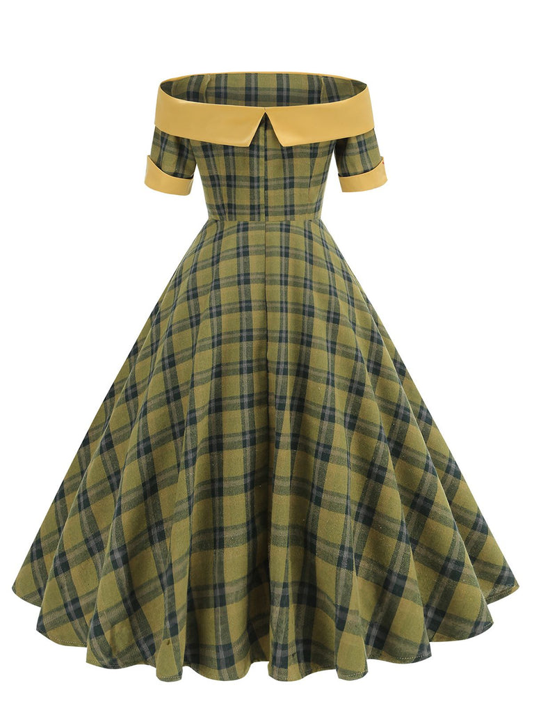 Robe à carreaux patchwork vintage à épaules dénudées des années 1950