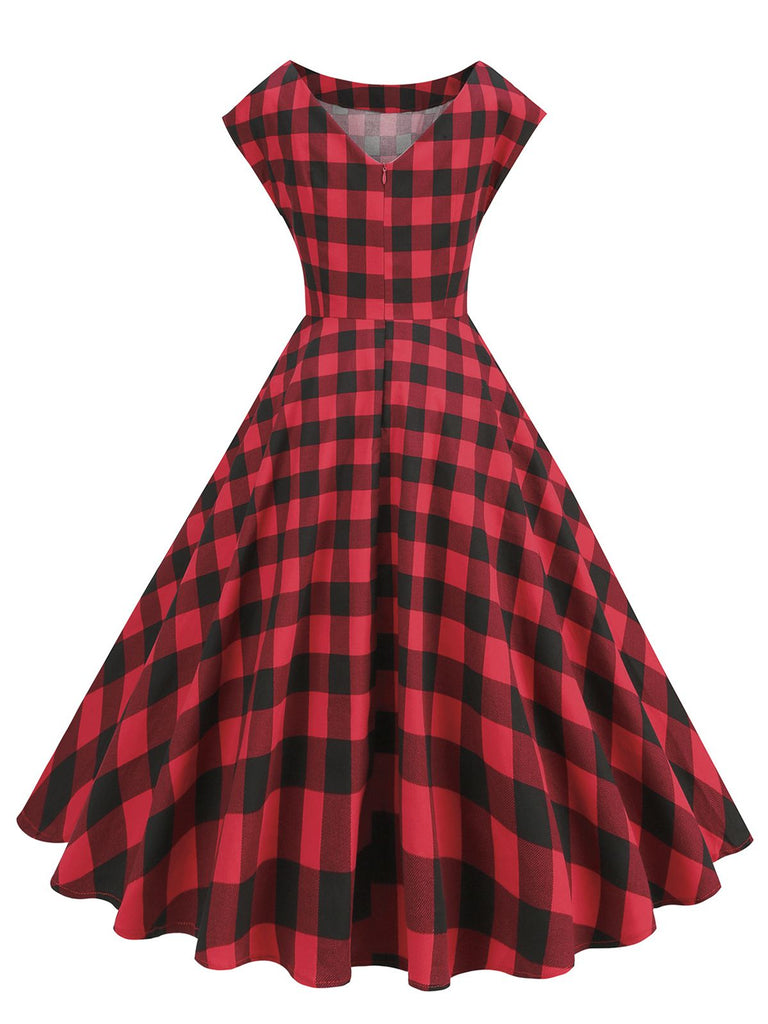 Robe trapèze rouge à carreaux Buffalo des années 1950