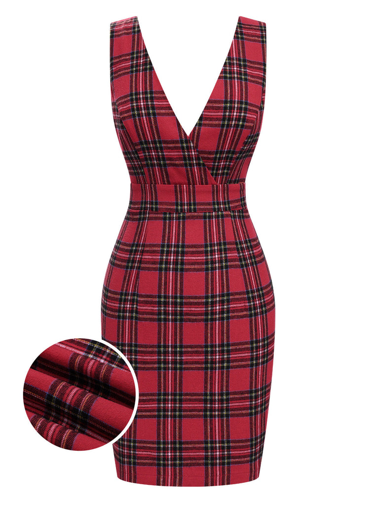 Robe à bretelles à carreaux tartan rouge des années 1960