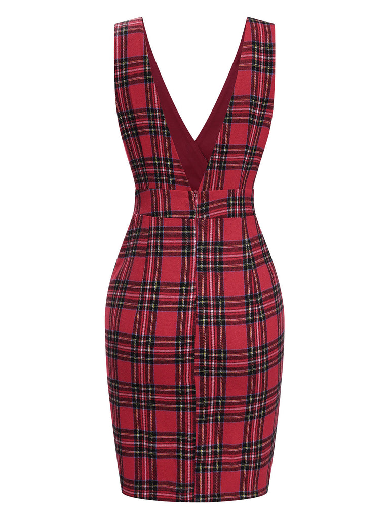 Robe à bretelles à carreaux tartan rouge des années 1960