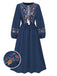 Robe bleue à manches lanternes et broderies florales des années 1940