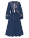 Robe bleue à manches lanternes et broderies florales des années 1940