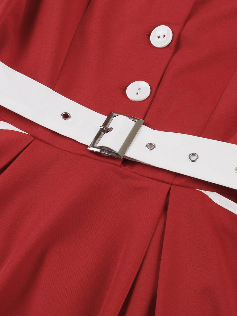 Robe rouge à ceinture et revers patchwork des années 1950