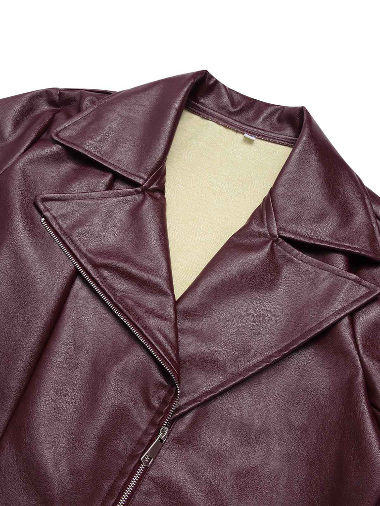 Manteau en cuir rouge vin à col cranté des années 40