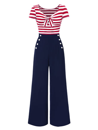 Combinaison patchwork à rayures nœud creux rouge des années 1950