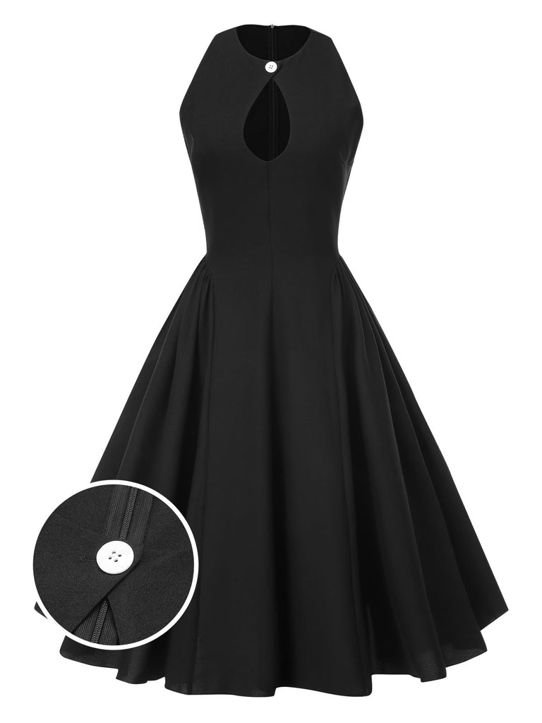 Robe noire sans manches à trou de serrure unie des années 1950