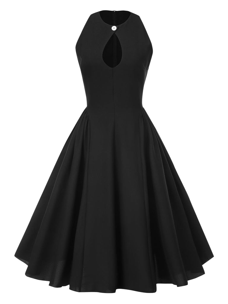 Robe noire sans manches à trou de serrure unie des années 1950