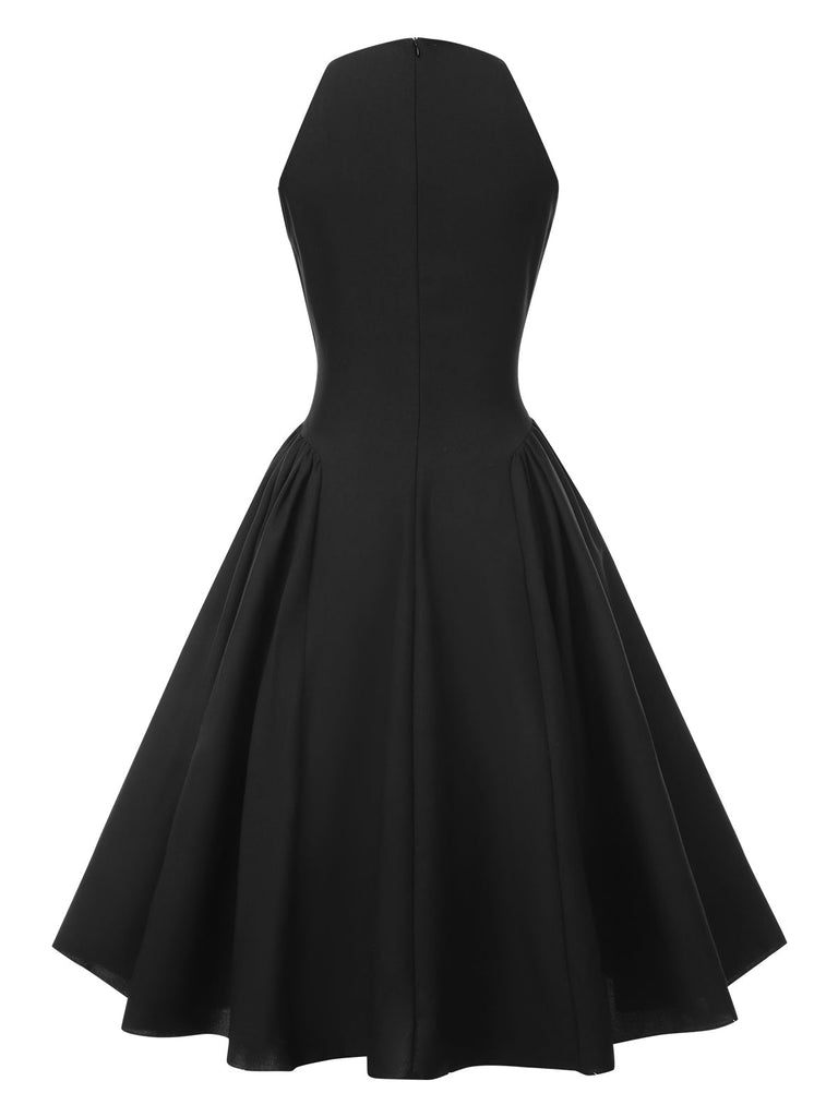 Robe noire sans manches à trou de serrure unie des années 1950