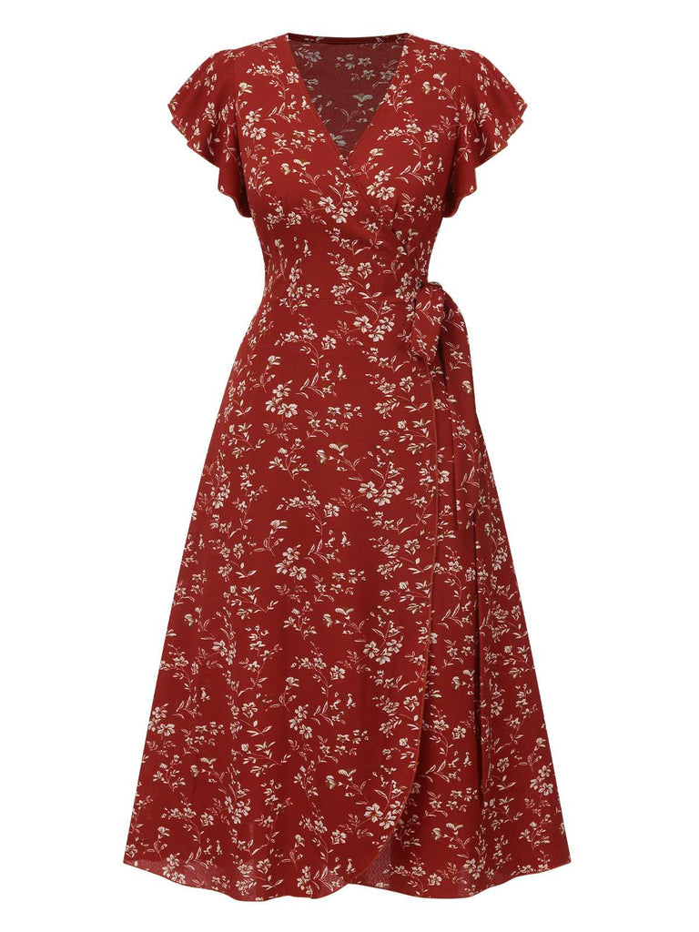 Robe à fleurs à col V manches évasées rouge vin des années 1940