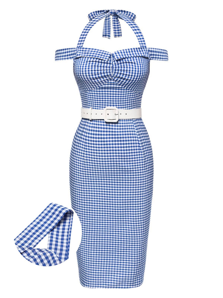 [Pré-vente] Robe crayon à carreaux bleu licou à épaules dénudées des années 1960