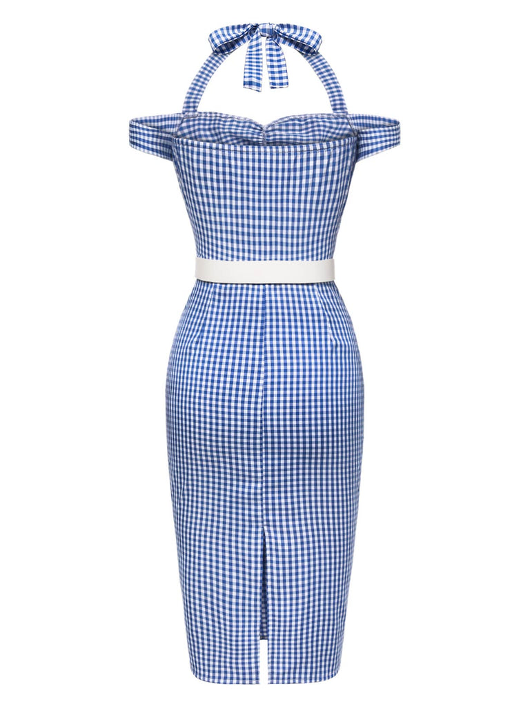 [Pré-vente] Robe crayon à carreaux bleu licou à épaules dénudées des années 1960