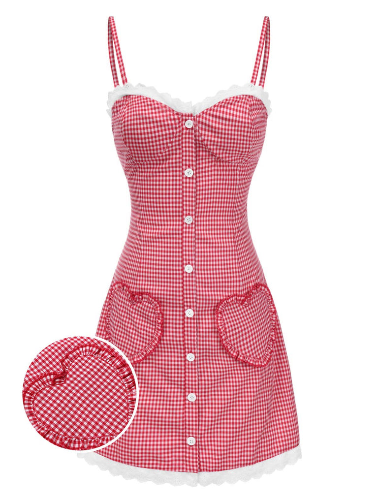 [Pré-vente] Robe rouge à volants et poches cœur à carreaux des années 1970