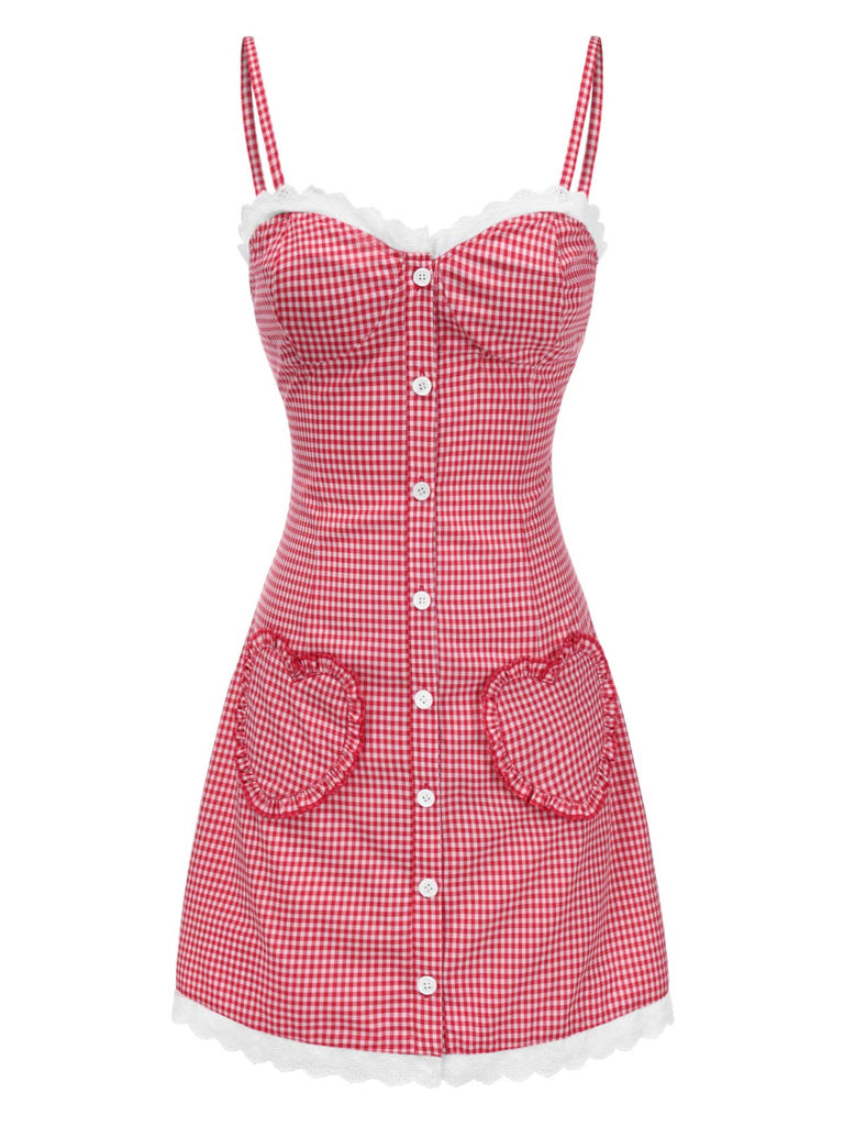 [Pré-vente] Robe rouge à volants et poches cœur à carreaux des années 1970
