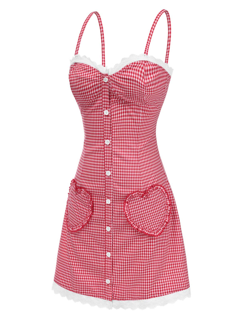 [Pré-vente] Robe rouge à volants et poches cœur à carreaux des années 1970