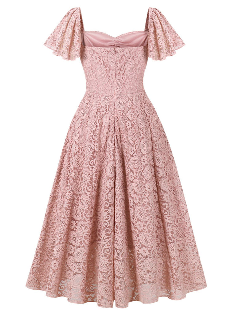 Robe rose à col en cœur en dentelle unie des années 1950