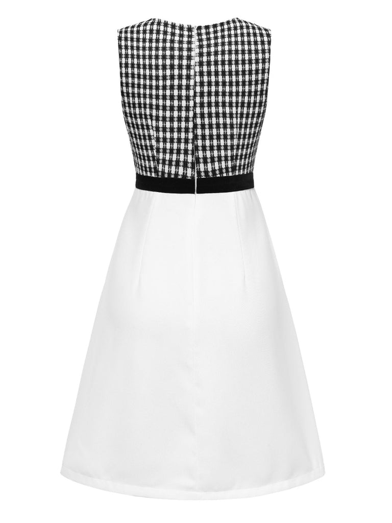 [Prévente] Robe patchwork à carreaux noir et blanc avec nœud des années 1960