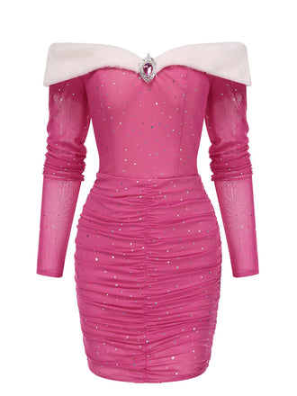 [Prévente] Robe rose à épaules dénudées à paillettes froissée des années 1960