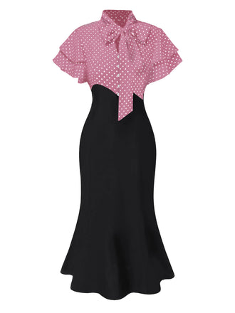 [Prévente] Robe sirène rose et noire à pois et col noué des années 1930