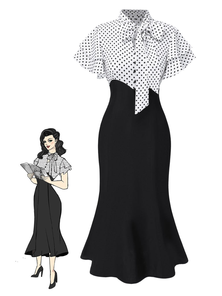 [Pré-vente] Robe sirène noire à pois et col noué des années 1930