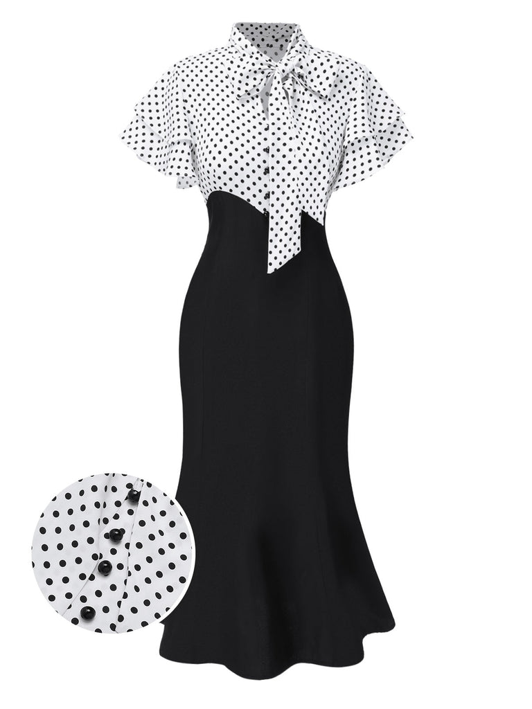 [Prévente] Robe sirène rose et noire à pois et col noué des années 1930