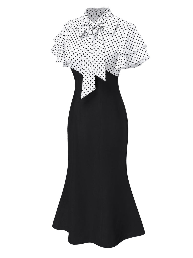 [Pré-vente] Robe sirène noire à pois et col noué des années 1930