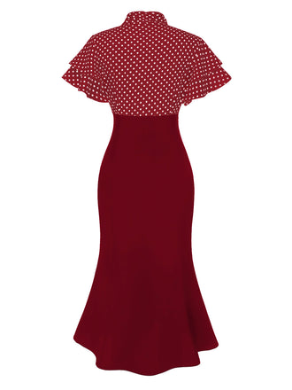 Robe sirène rouge à pois et col noué des années 1930