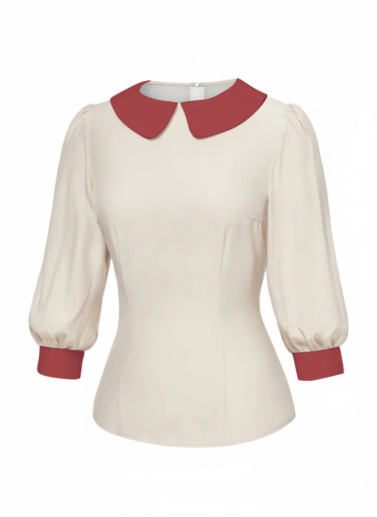 [Prévente] Chemisier blanc et rouge col Claudine colorblock des années 40