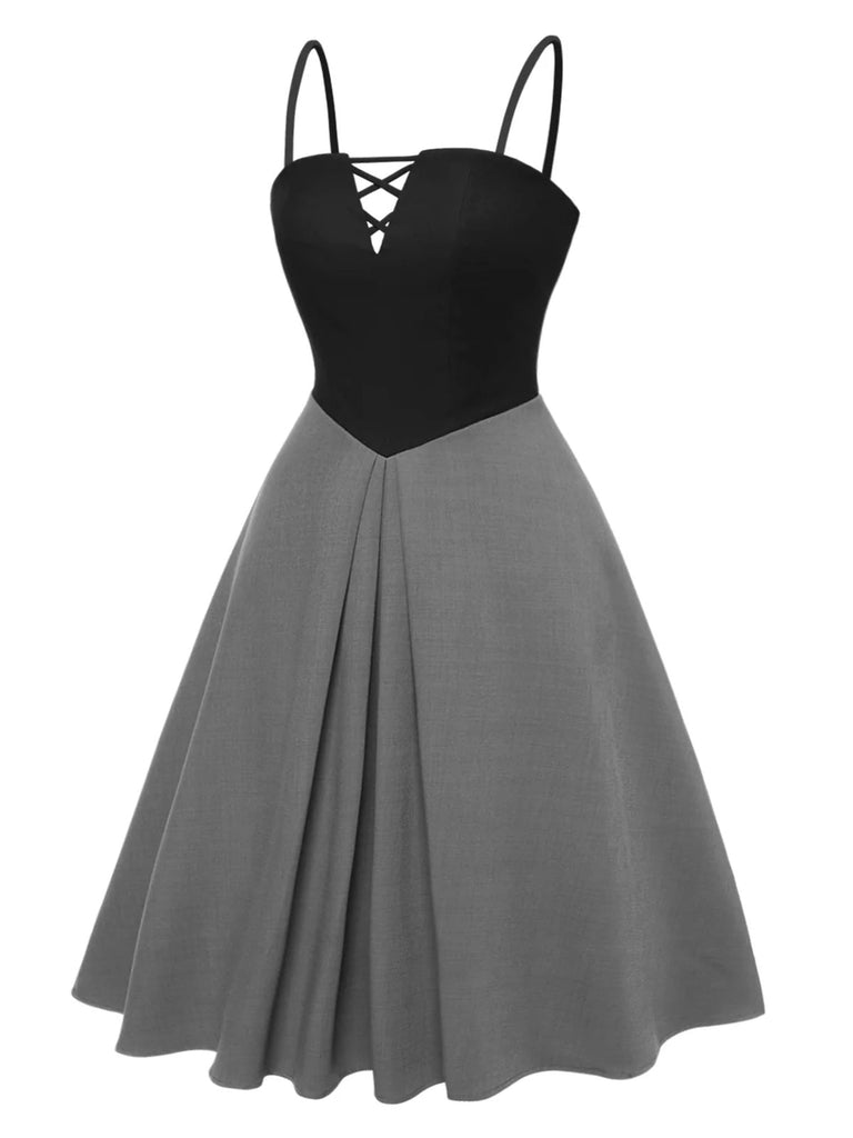 [Pré-vente] [Grande taille] Robe à bretelles plissée à blocs de couleurs grise des années 40