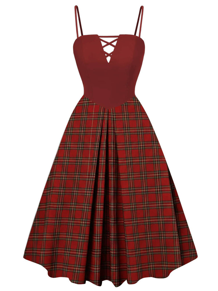 [Pré-vente] Robe à bretelles plissée à carreaux rouges des années 40