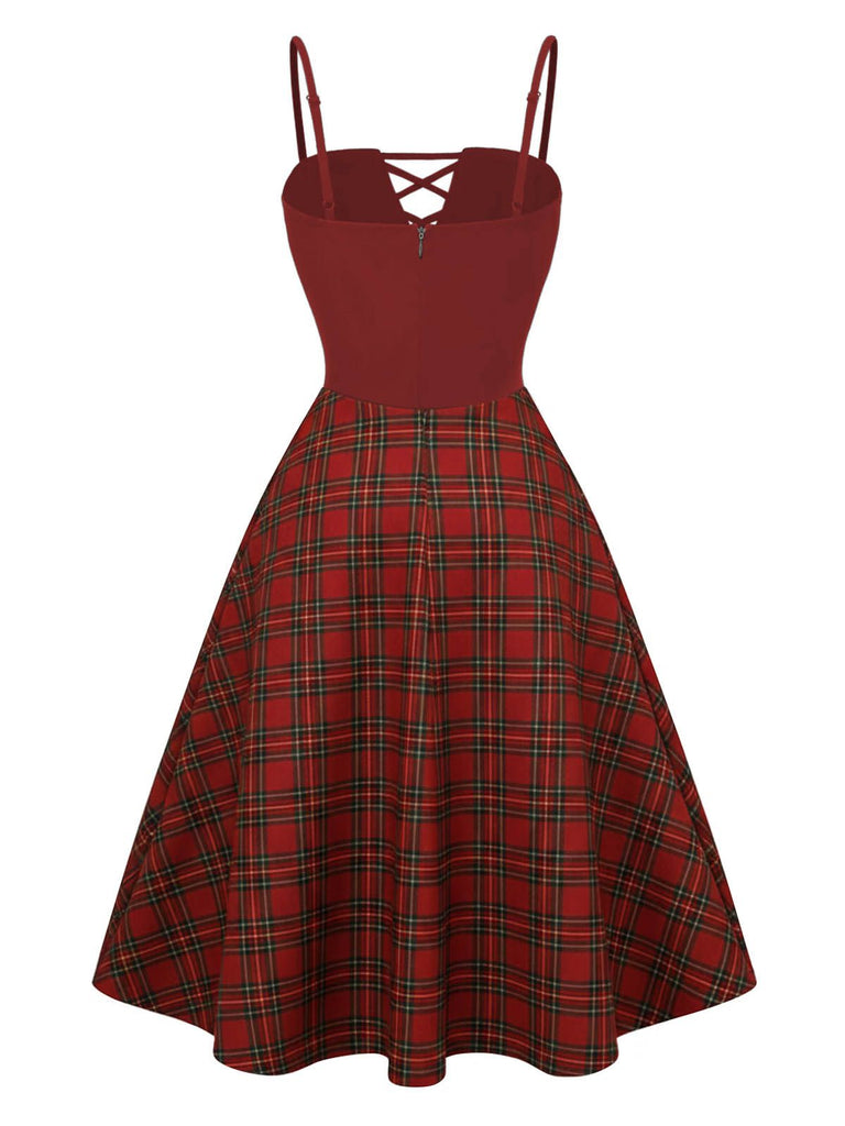 [Pré-vente] Robe à bretelles plissée à carreaux rouges des années 40