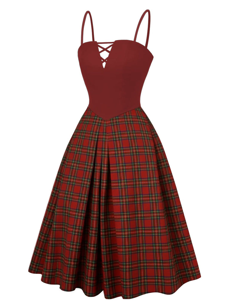 [Pré-vente] Robe à bretelles plissée à carreaux rouges des années 40