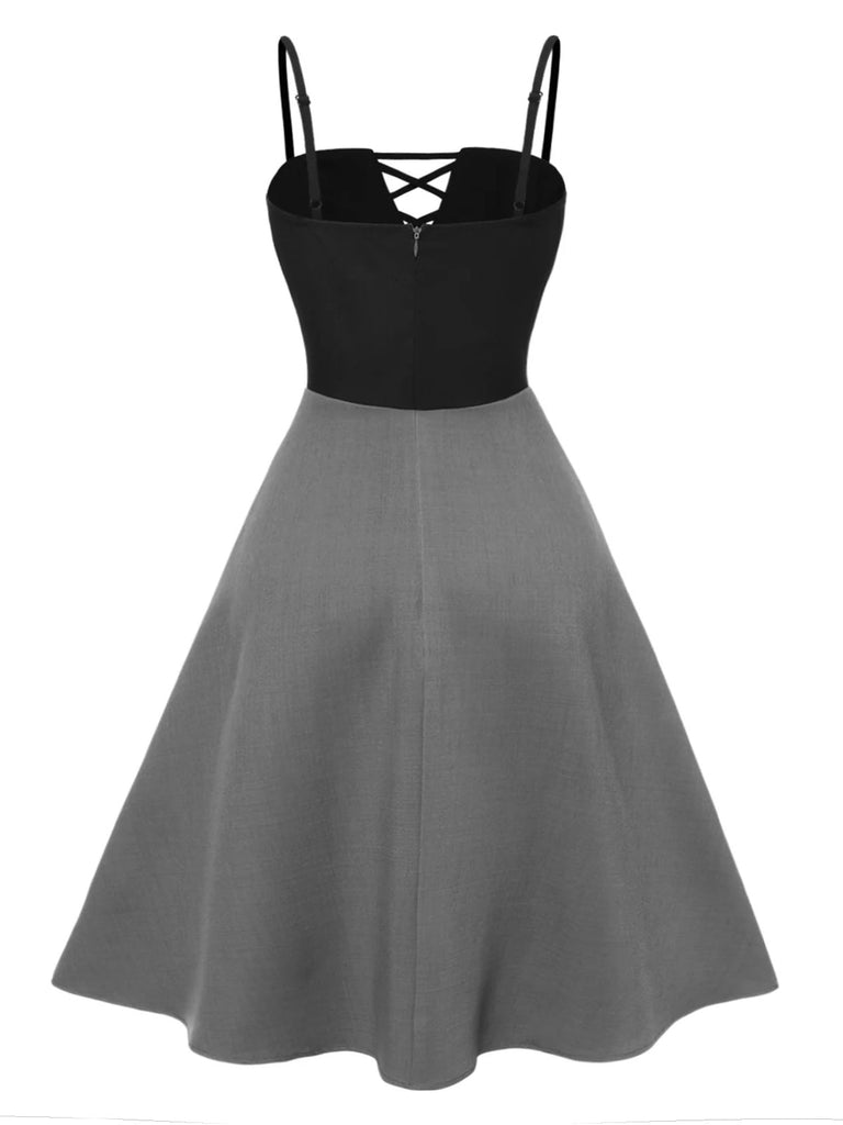 [Pré-vente] [Grande taille] Robe à bretelles plissée à blocs de couleurs grise des années 40