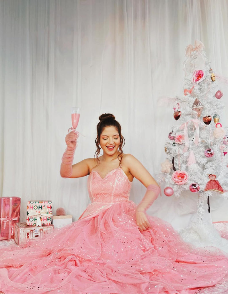 Robe trapèze en maille pailletée rose WICKED des années 1950